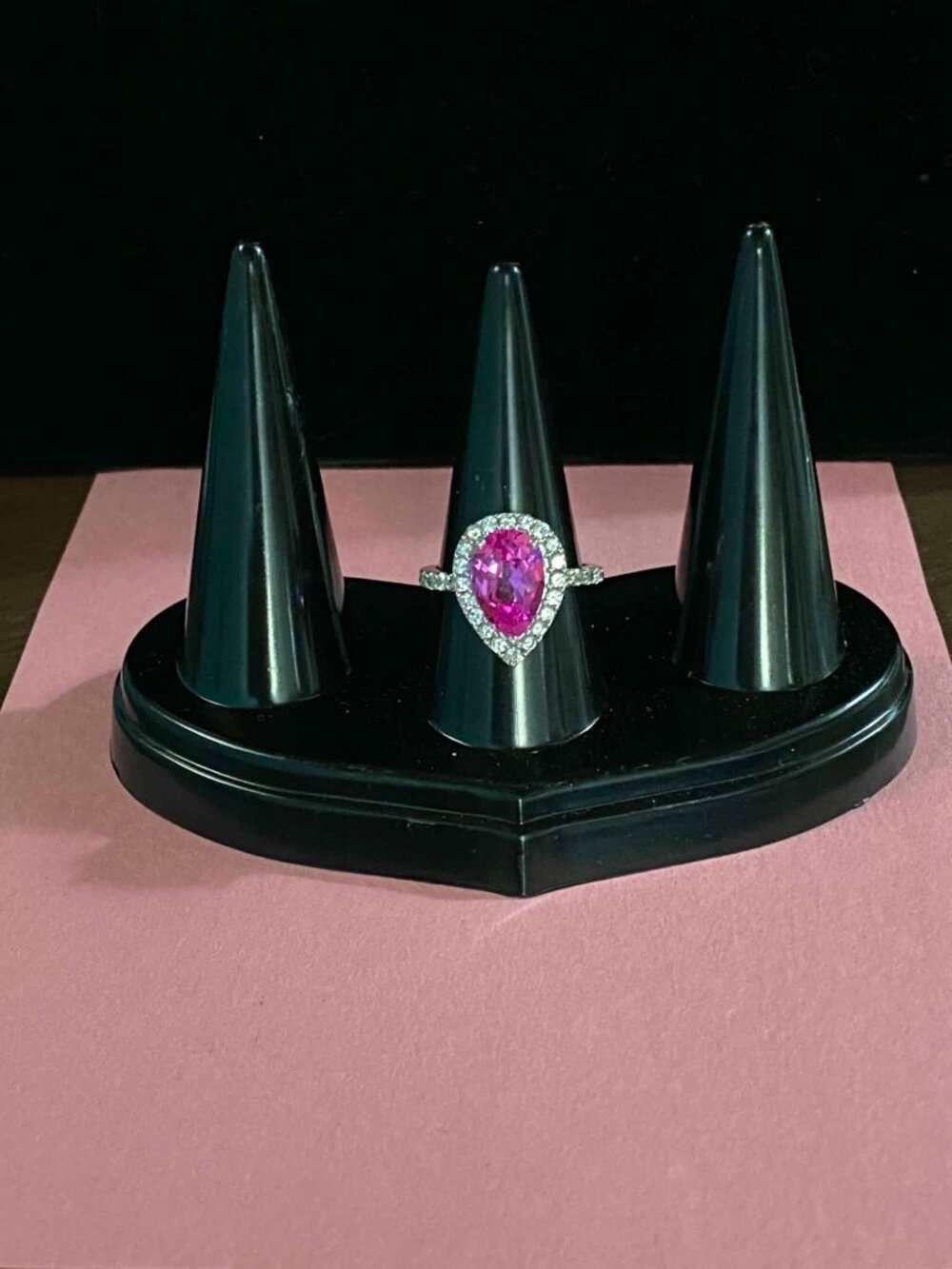.925 Silver Tear Drop Pear Pink Sapphire Created Vintage Cocktail Luxury ring